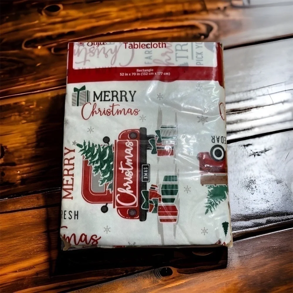 Merry Christmas Red Pickup Truck Table Cloth NWT Holiday Rectangle 52x70